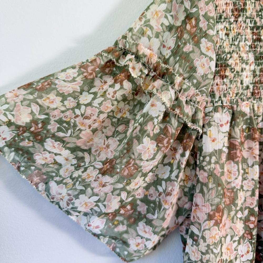 Karlie Floral Smocked Tiered Mini Dress Sage Green Cottagecore Boho Size L $119 - Picture 7 of 9